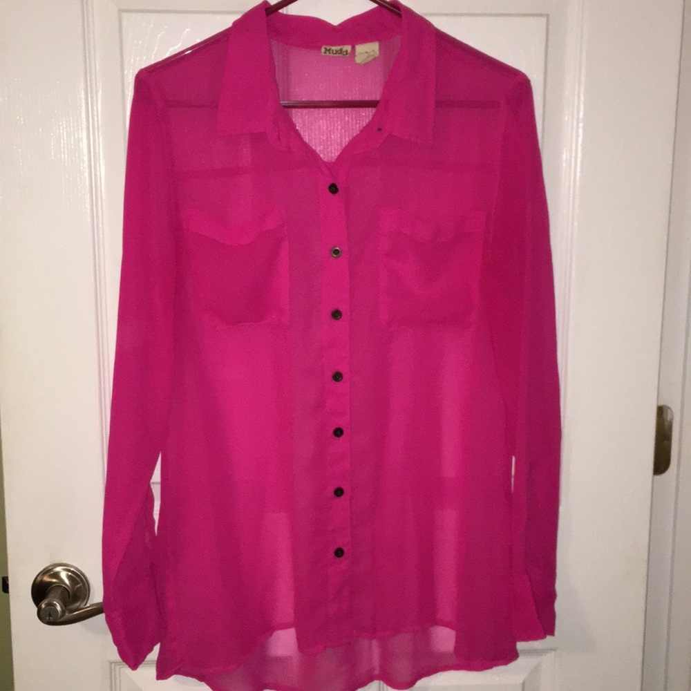 Bright pink Long sleeve sheer top.